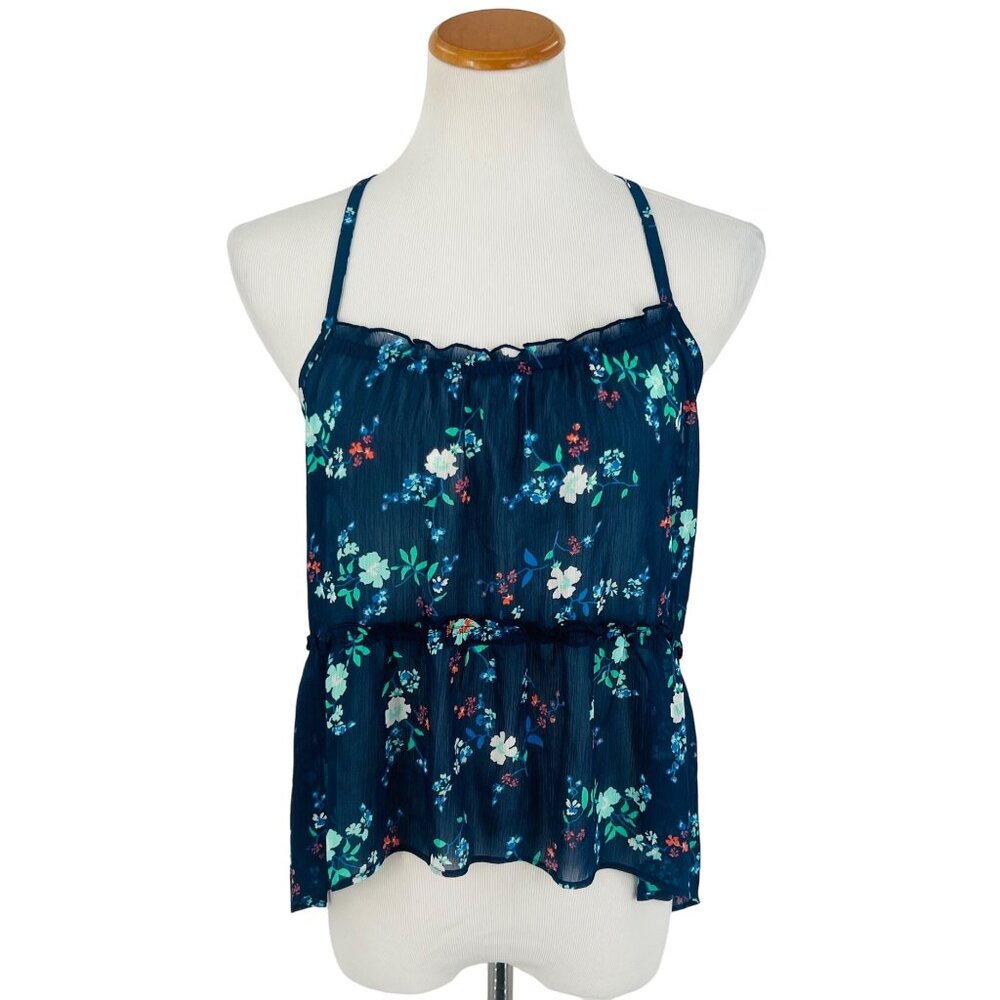 NWT Hollister Floral Blue Sleeveless Chiffon Semi-Sheer Peplum Top - Picture 9 of 10